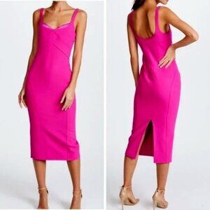 New CINQ À SEPT Mies Jolie Hot Pink Midi Dress Silk Trim Bodice 2 MSRP $425
